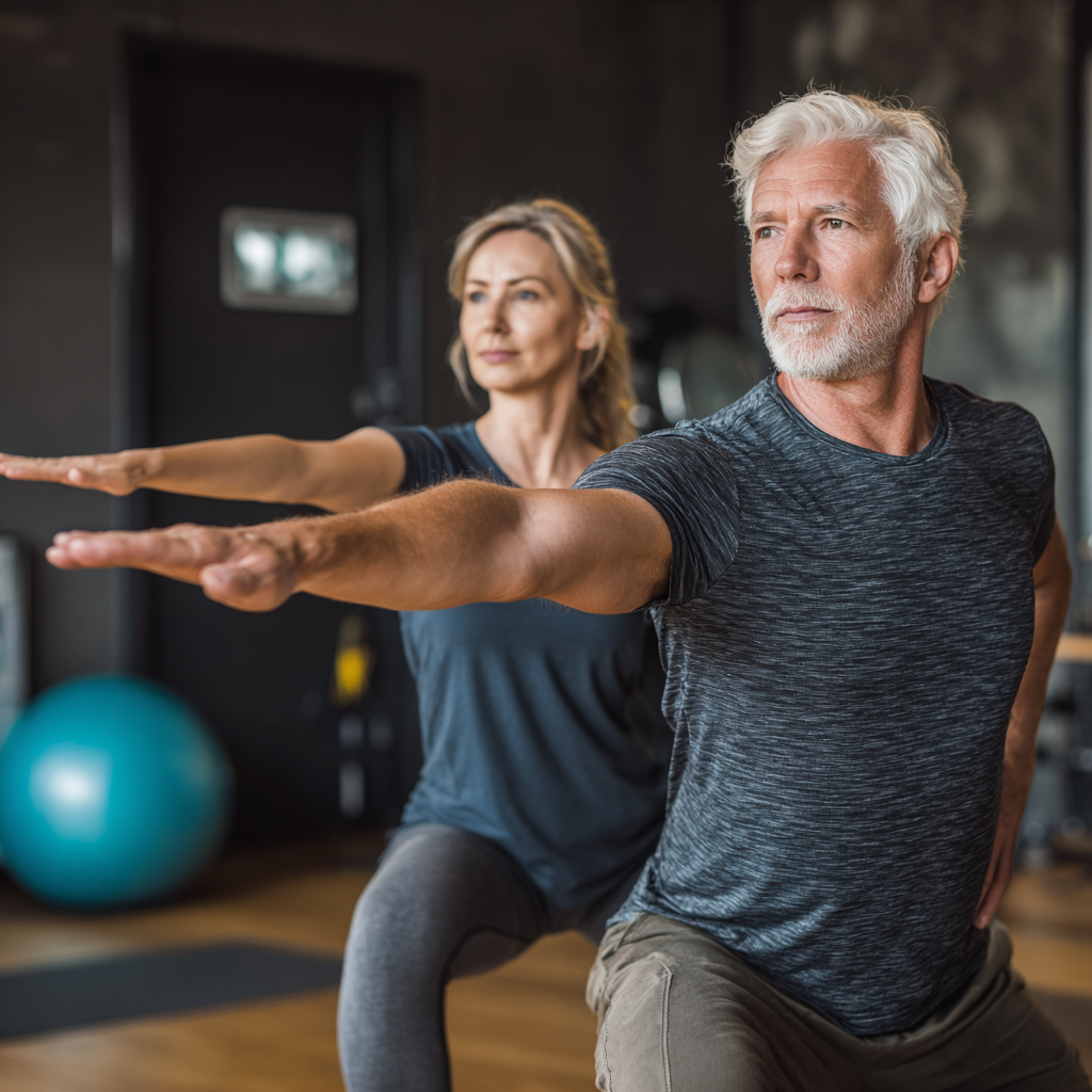 Professional fitness trainer demonstrating proper form for mature adults in wellness studio environment